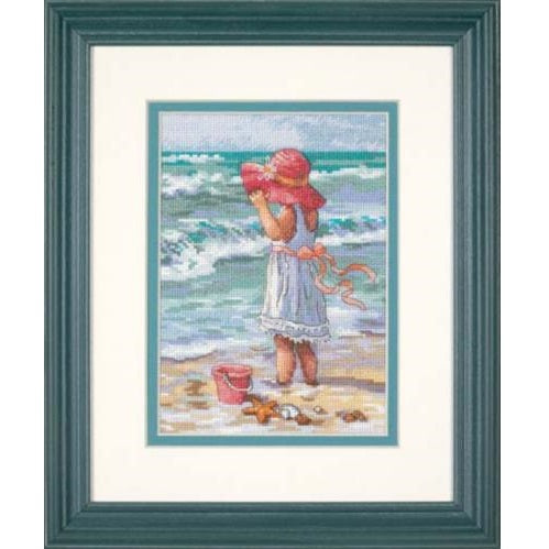GIRL AT THE BEACH, Counted Cross Stitch Kit, 18 count white Aida, DIMENSIONS, Gold Collection (65078)