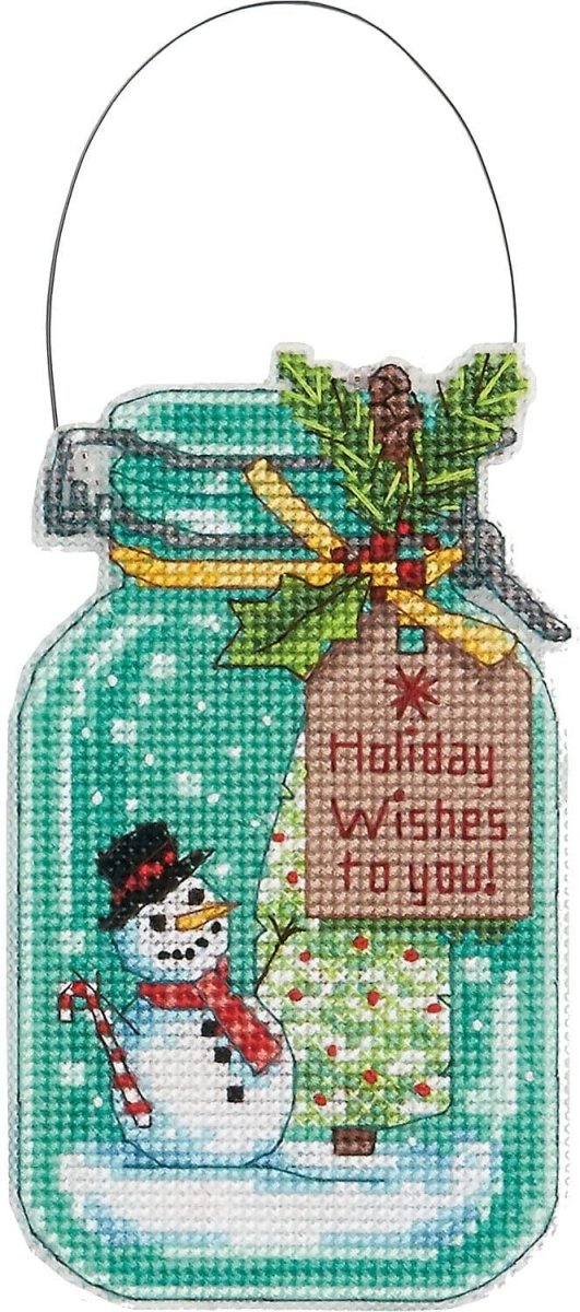 CHRISTMAS JAR ORNAMENTS, Counted Cross Stitch Kit, set of 4, 14 count clear plastic canvas, finished size 7-1/2" tall with hanger, DIMENSIONS (70-08964) - Leo Hobby
