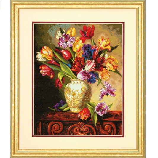 PARROT TULIPS, Counted Cross Stitch Kit, 18ti count béžová Aida, DIMENSIONS, Gold Collection (70-35305)