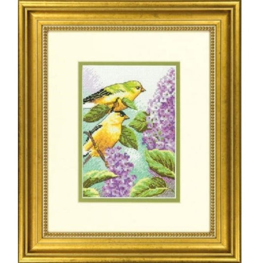 GOLDFINCH AND LILACS, Counted Cross Stitch Kit, 14 count white Aida, DIMENSIONS (70-65153)