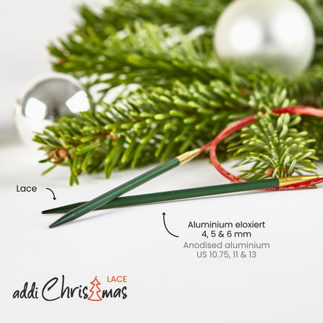 addiChristmas Lace Circular Knitting Needle - Green - Red -  Gold - Engraved Christmas logo - Anodized aluminum tips - And red rope - Leo Hobby Marketplace