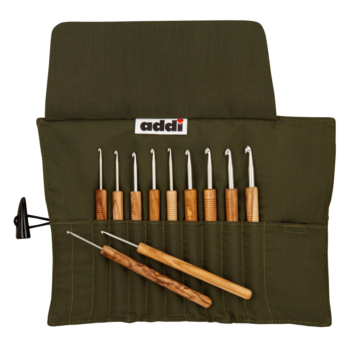 addiWrap Olive Wood Crochet Hook Set 2–6 mm with Waxed Canvas Case - Leo Hobby Marketplace