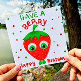 Funny Birthday Card, Strawberry Bday Card for Kids, Have a Berry Happy Birthday Postcard for her for him, Cute Fruit Party Card - Leo Hobby Marketplace