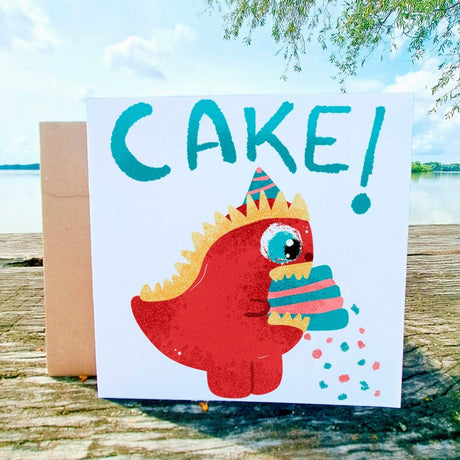 Funny Dinosaur Eating Cake Card, Cute Dino Greeting, Humorous Birthday, Celebration, Just Because, Cute Gift Birthday Children, Printed - Leo Hobby Marketplace