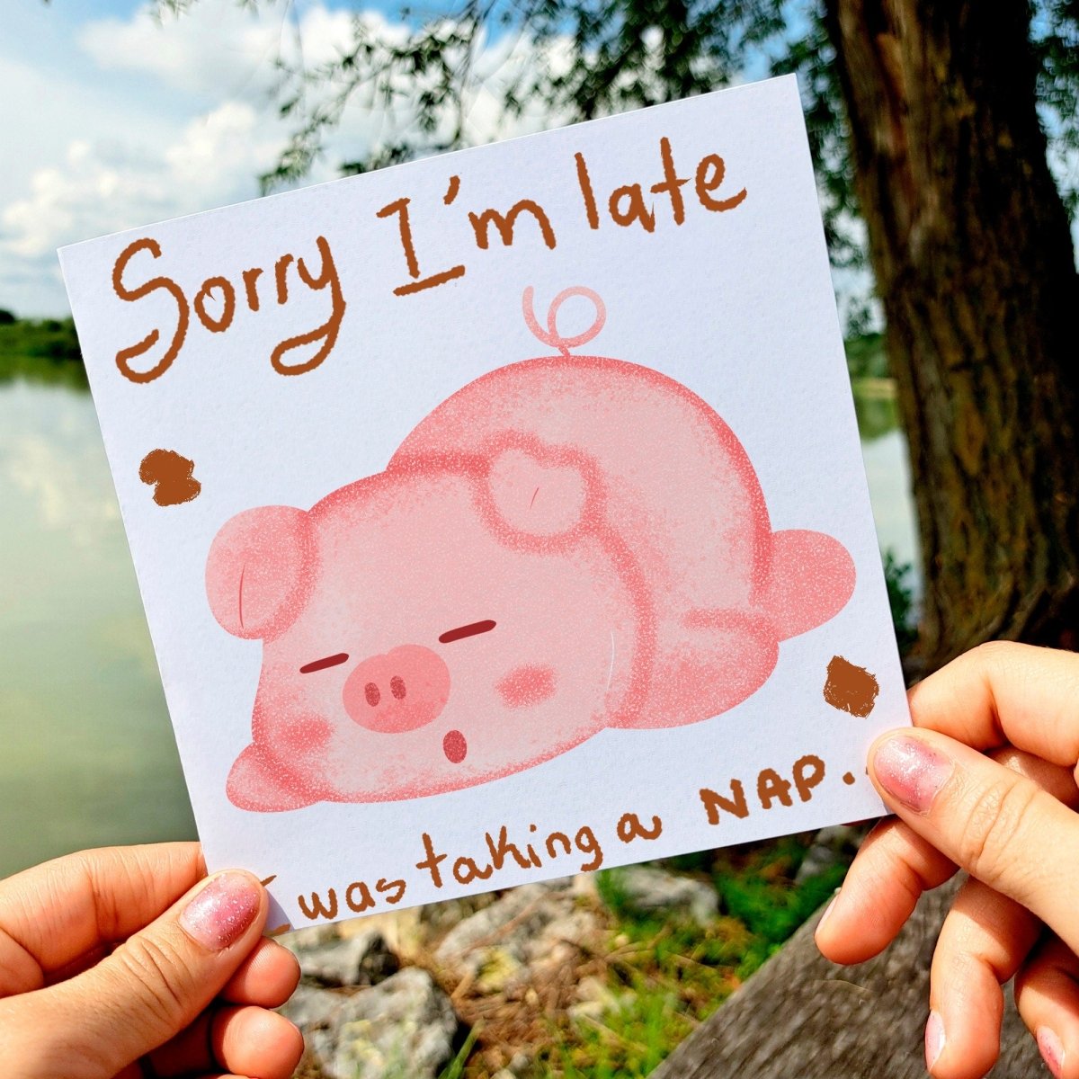 Funny Sleeping Pig Card Sorry I&#39;m Late, I Was Taking a Nap, Humorous Birthday, Friends, and Just Because, Cute Stationery Gift Idea - Leo Hobby Marketplace