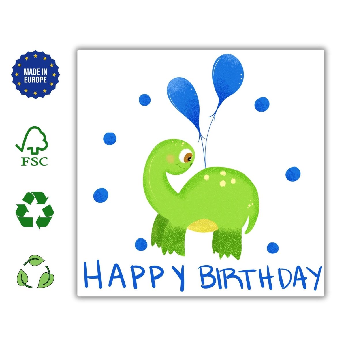 Happy Birthday Brontosaurus Card, Green Dino with Blue Party Globes, Boys Birthday Greeting, Cute Dinosaur Card for Kids, Gift for Children - Leo Hobby Marketplace