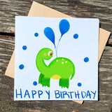 Happy Birthday Brontosaurus Card, Green Dino with Blue Party Globes, Boys Birthday Greeting, Cute Dinosaur Card for Kids, Gift for Children - Leo Hobby Marketplace