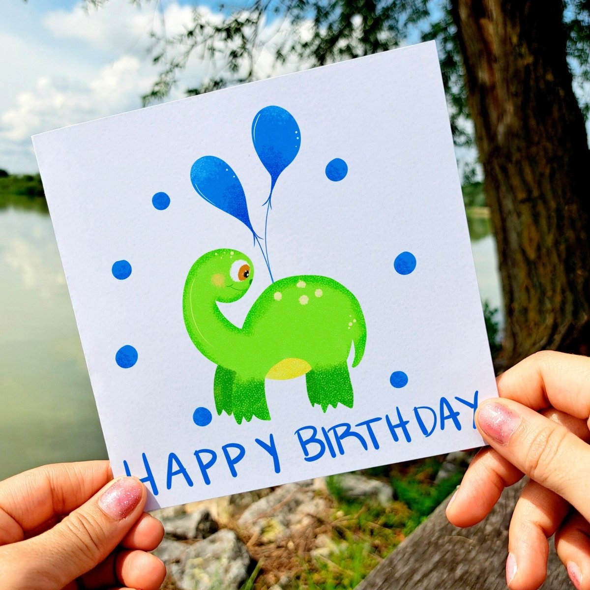 Happy Birthday Brontosaurus Card, Green Dino with Blue Party Globes, Boys Birthday Greeting, Cute Dinosaur Card for Kids, Gift for Children - Leo Hobby Marketplace