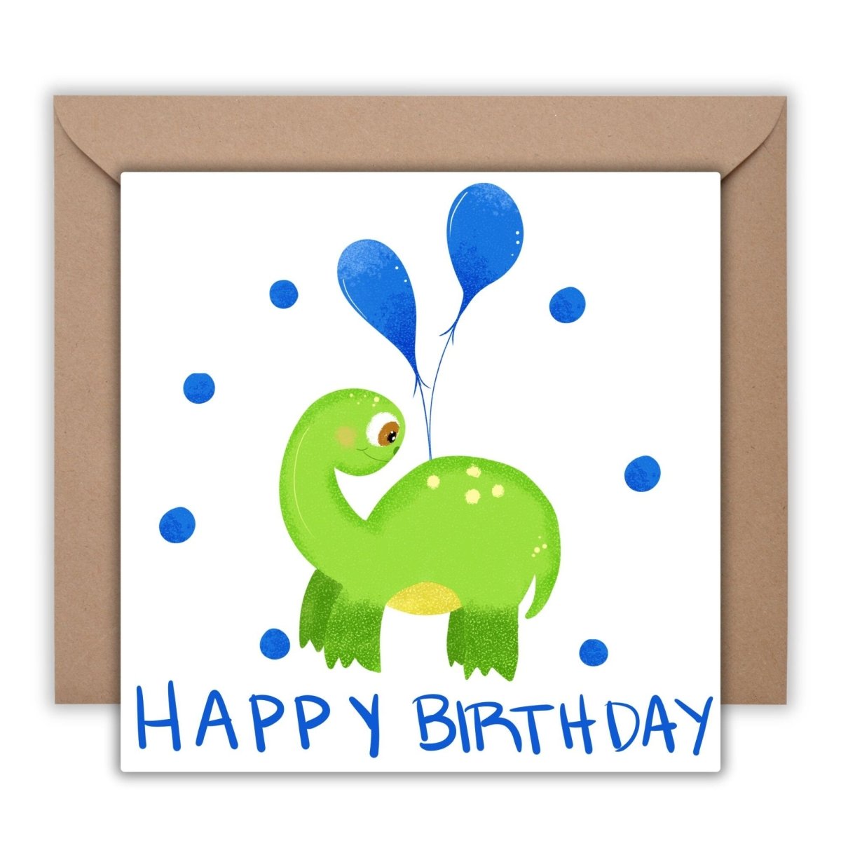 Happy Birthday Brontosaurus Card, Green Dino with Blue Party Globes, Boys Birthday Greeting, Cute Dinosaur Card for Kids, Gift for Children - Leo Hobby Marketplace