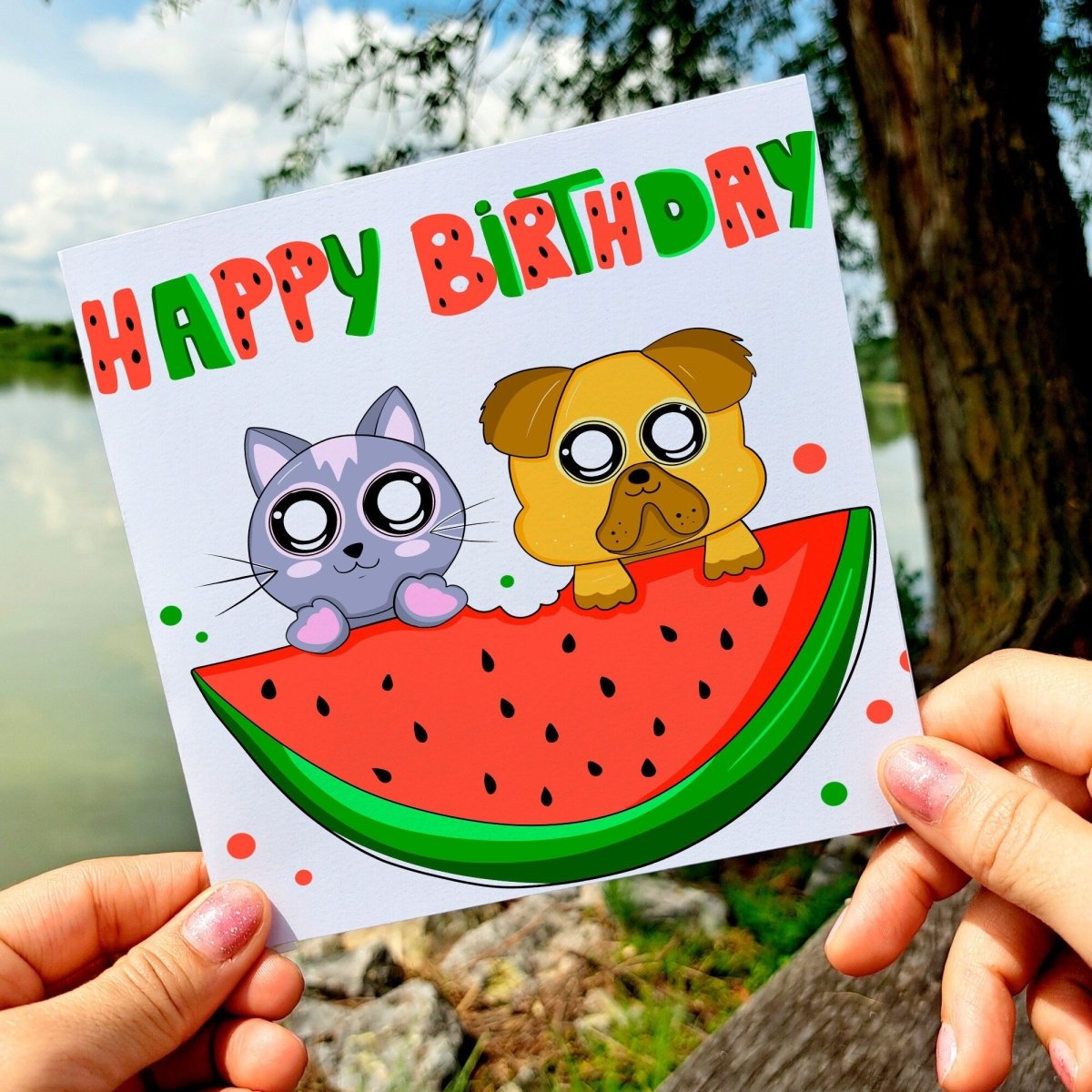 Happy Birthday Card, Greeting Card, Watermelon Card, Square Confetti Fruit Postcards, love funny cute punny - Leo Hobby Marketplace