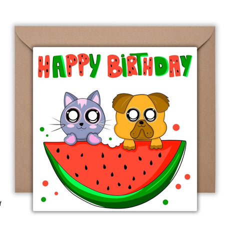 Happy Birthday Card, Greeting Card, Watermelon Card, Square Confetti Fruit Postcards, love funny cute punny - Leo Hobby Marketplace