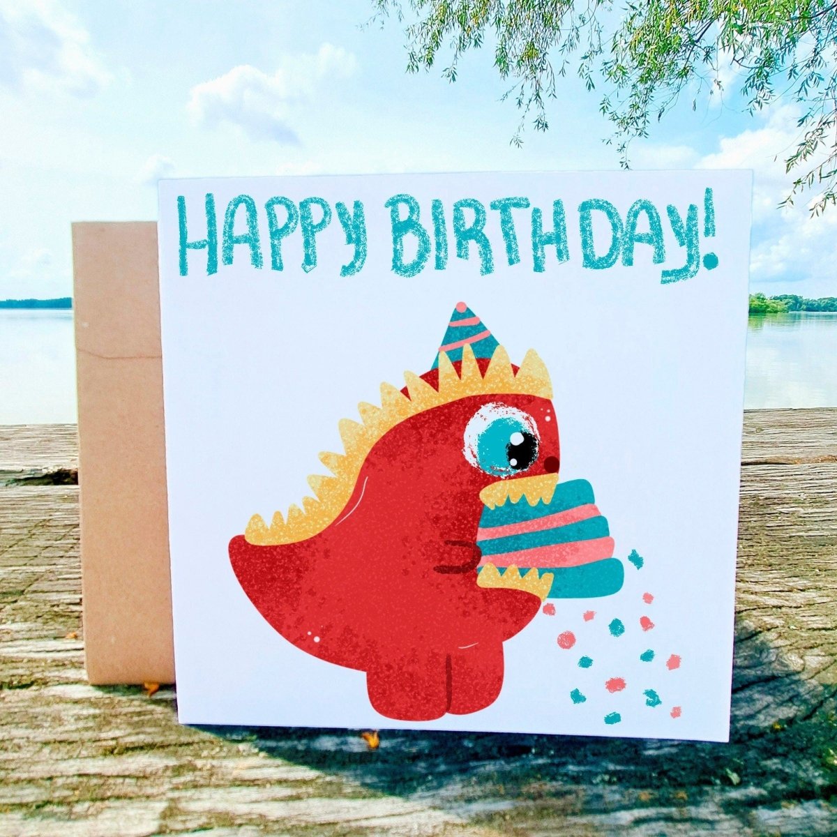 Happy Birthday Dinosaur Card, T - Rex Cake Illustration, Kids Birthday Greeting, Cute Children&#39;s Cards, Dino Theme Greeting, Printed Postcards - Leo Hobby Marketplace