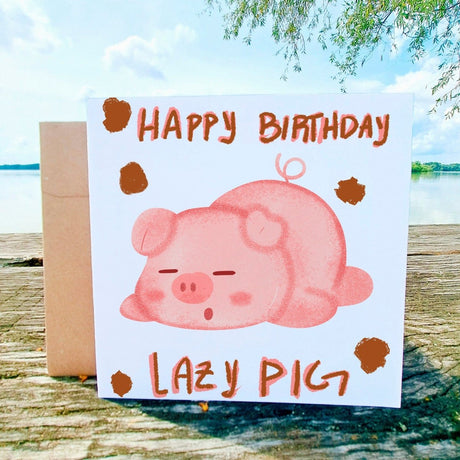 Happy Birthday Lazy Pig Card, Funny Pig Greeting Cards, Humorous Animal Pun, Sleepy Pig Celebration Postcard, Cute and Rude Wishes Gift - Leo Hobby Marketplace