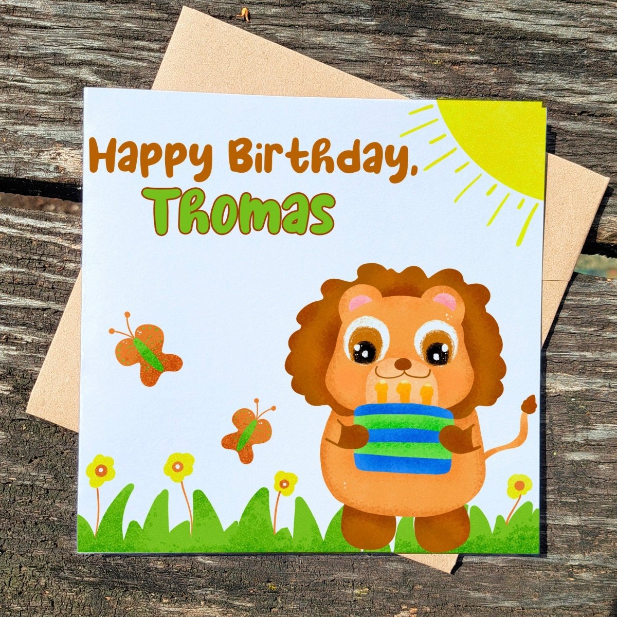 Lion Custom Kids Birthday Card, Personalized Name, Safari Animal Cards, Perfect Greeting Cards for Children, Cute Gift Toddler Boys - Leo Hobby Marketplace