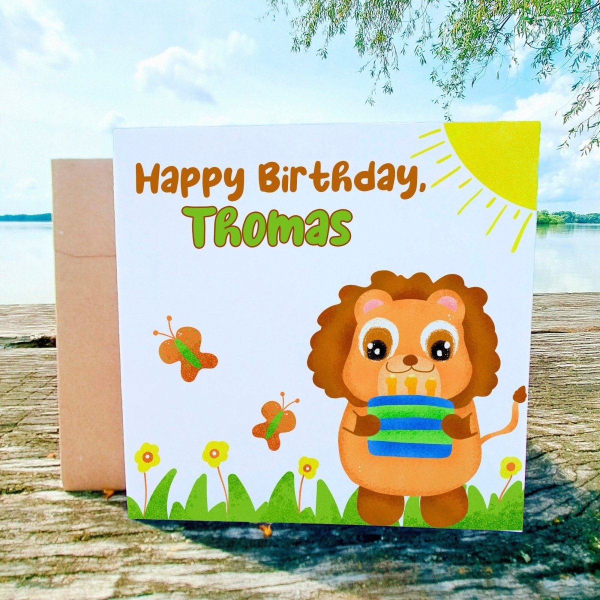 Lion Custom Kids Birthday Card, Personalized Name, Safari Animal Cards, Perfect Greeting Cards for Children, Cute Gift Toddler Boys - Leo Hobby Marketplace