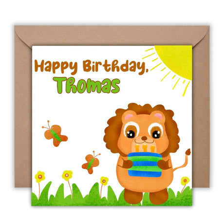 Lion Custom Kids Birthday Card, Personalized Name, Safari Animal Cards, Perfect Greeting Cards for Children, Cute Gift Toddler Boys - Leo Hobby Marketplace