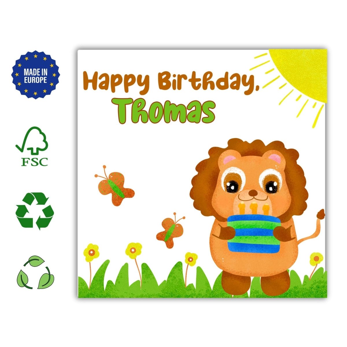 Lion Custom Kids Birthday Card, Personalized Name, Safari Animal Cards, Perfect Greeting Cards for Children, Cute Gift Toddler Boys - Leo Hobby Marketplace