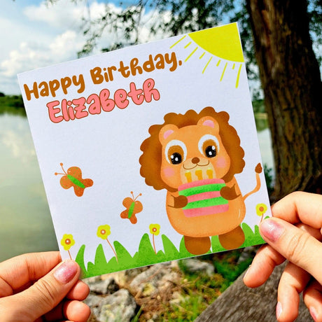 Lion Kid Birthday Card, Safari Animal Cards with Personalized Name, Cute Greeting Cards for Children, Unique Gift Toddler Girls - Leo Hobby Marketplace