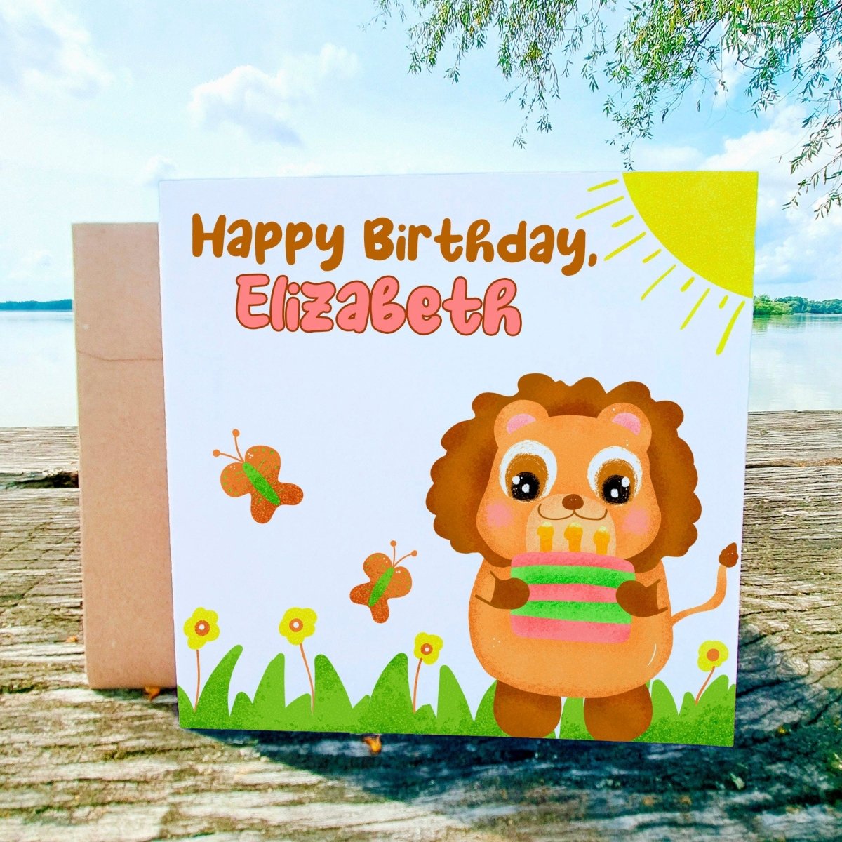 Lion Kid Birthday Card, Safari Animal Cards with Personalized Name, Cute Greeting Cards for Children, Unique Gift Toddler Girls - Leo Hobby Marketplace