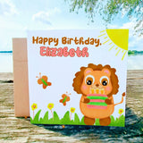 Lion Kid Birthday Card, Safari Animal Cards with Personalized Name, Cute Greeting Cards for Children, Unique Gift Toddler Girls - Leo Hobby Marketplace