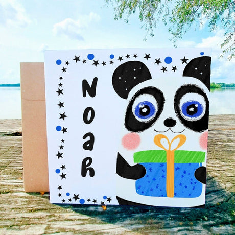 Panda Gift Box Birthday Card for Boys, Add Name and Message, Fun Kids Greeting Card, Cute Illustrated Animal Cards - Leo Hobby Marketplace