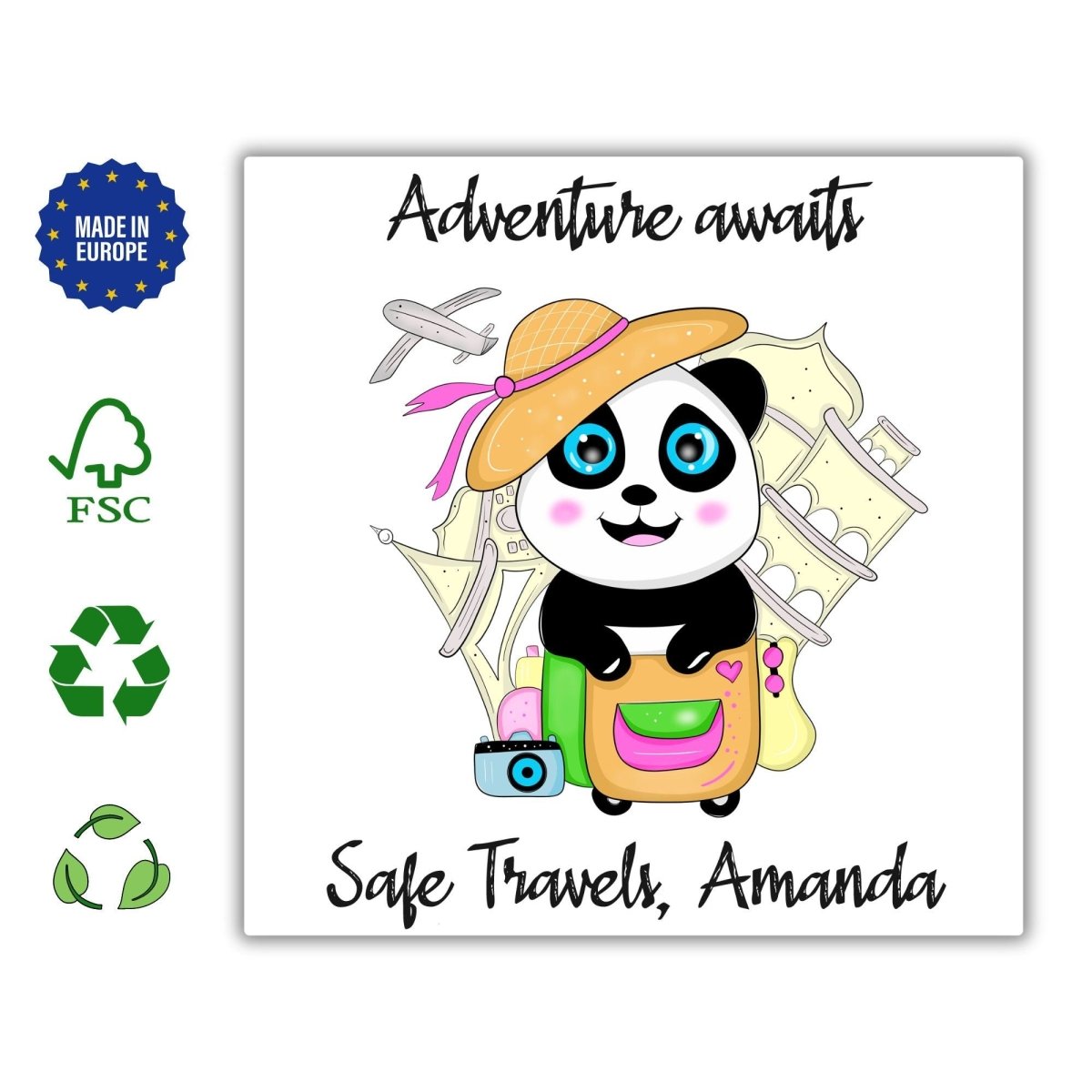 Safe Travels Greetings Card, Panda Trip Custom Name Message Cards, Illustrated Best Wishes, Good Trip Happy Travel, Moving Away Card - Leo Hobby Marketplace