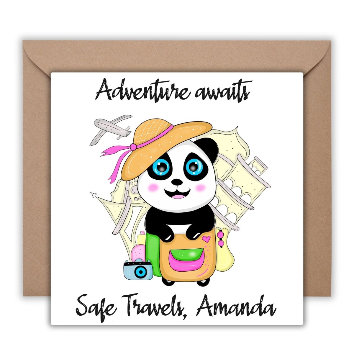 Safe Travels Greetings Card, Panda Trip Custom Name Message Cards, Illustrated Best Wishes, Good Trip Happy Travel, Moving Away Card - Leo Hobby Marketplace