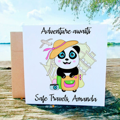 Safe Travels Greetings Card, Panda Trip Custom Name Message Cards, Illustrated Best Wishes, Good Trip Happy Travel, Moving Away Card - Leo Hobby Marketplace