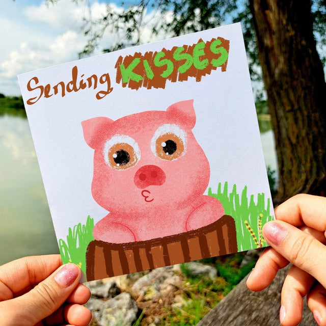 Sending Kisses Cute Pig Card, Adorable Animal Greeting, Sweet Pig in Nature, Perfect for Birthdays, Thank You, Thinking of You Gift Idea - Leo Hobby Marketplace