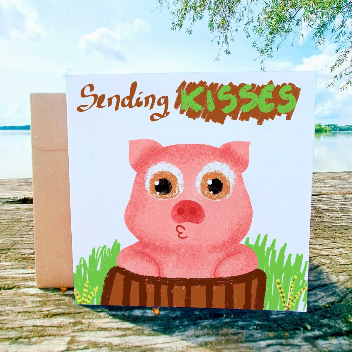 Sending Kisses Cute Pig Card, Adorable Animal Greeting, Sweet Pig in Nature, Perfect for Birthdays, Thank You, Thinking of You Gift Idea - Leo Hobby Marketplace