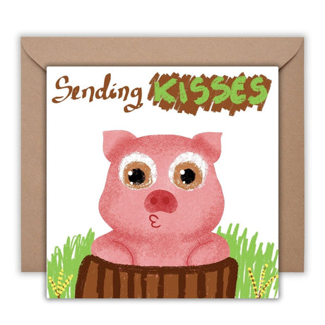 Sending Kisses Cute Pig Card, Adorable Animal Greeting, Sweet Pig in Nature, Perfect for Birthdays, Thank You, Thinking of You Gift Idea - Leo Hobby Marketplace