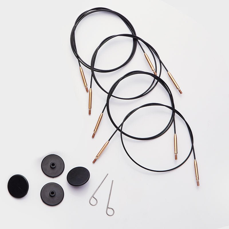 Schwarze, mit Nylon beschichtete KnitPro-Fest- und Drehkabel aus rostfreiem Stahl mit mattgoldenem Stecker