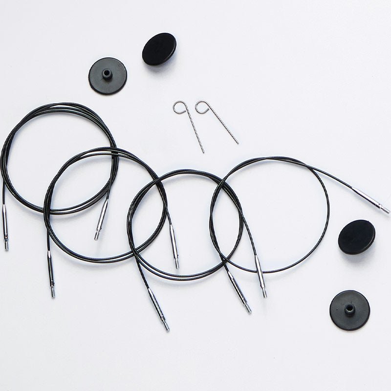 Câbles fixes et pivotants KnitPro en acier inoxydable noir avec revêtement en nylon et connecteur argenté