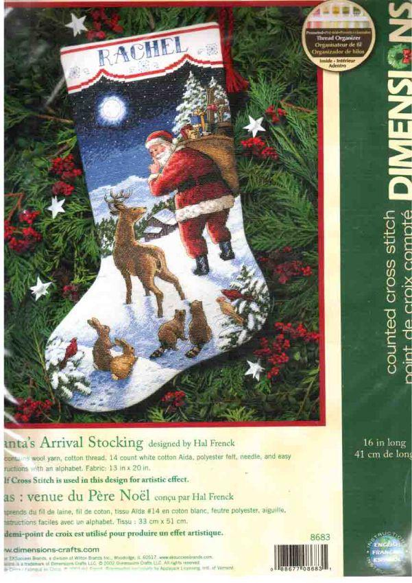 SANTA'S ARRIVAL STOCKING, Counted Cross Stitch Kit, 14 count white cotton Aida, 41 cm long, DIMENSIONS (08683)