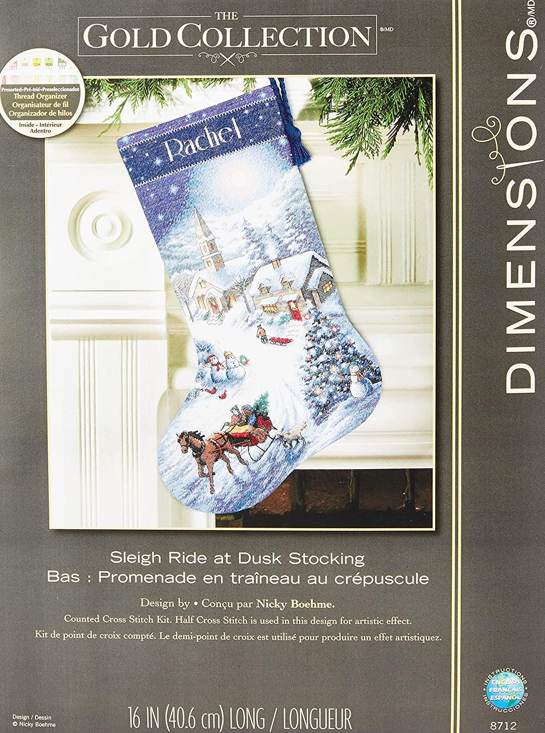 SLEIGH RIDE AT DUSK STOKING, Counted Cross Stitch Gold Kit, 16 count dove grey cotton Aida, 41 cm long, DIMENSIONS (08712) - Leo Hobby