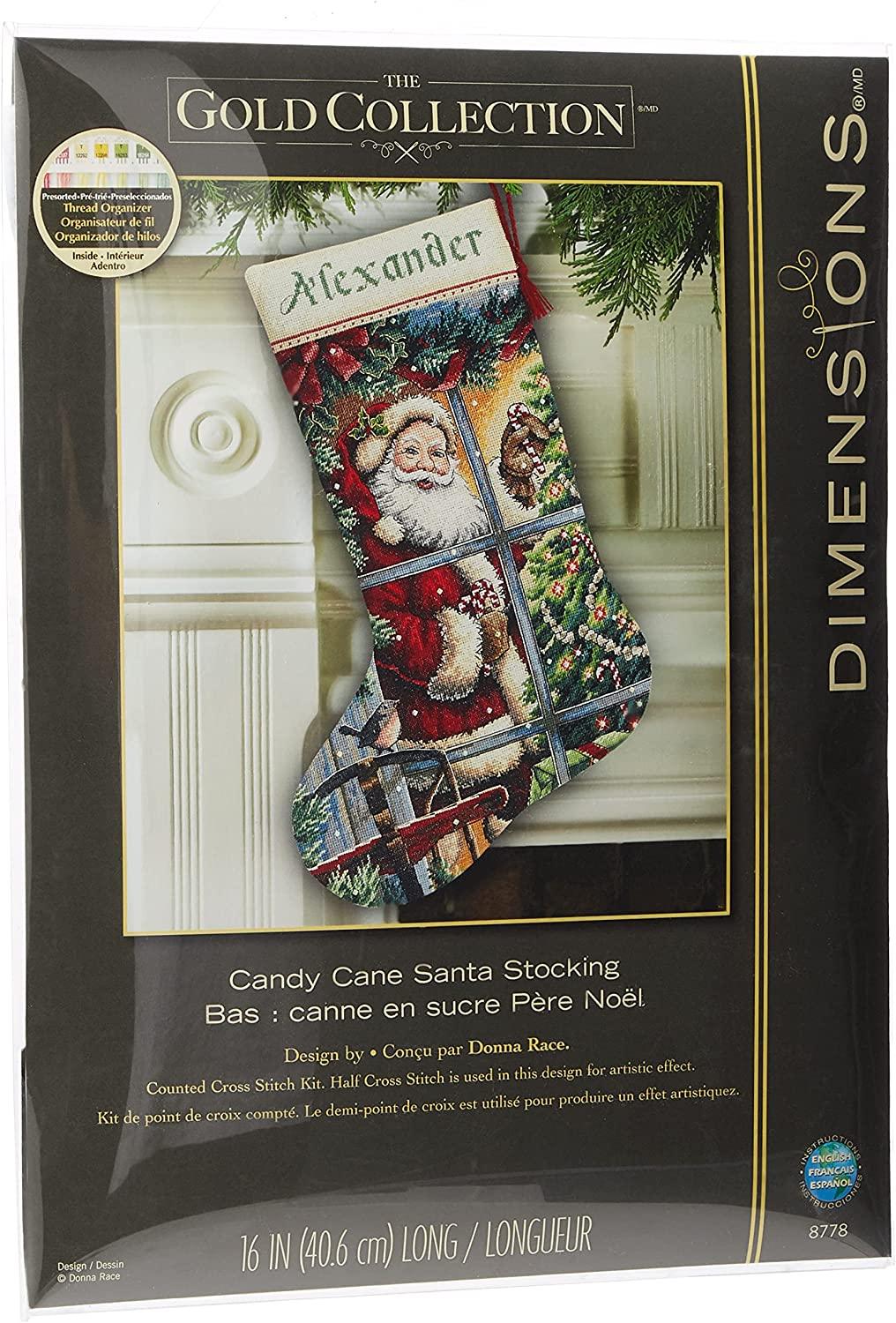 CANDY CANE SANTA STOKING, Counted Cross Stitch Kit, 16 count dove grey Aida, 41 cm long, DIMENSIONS (08778)