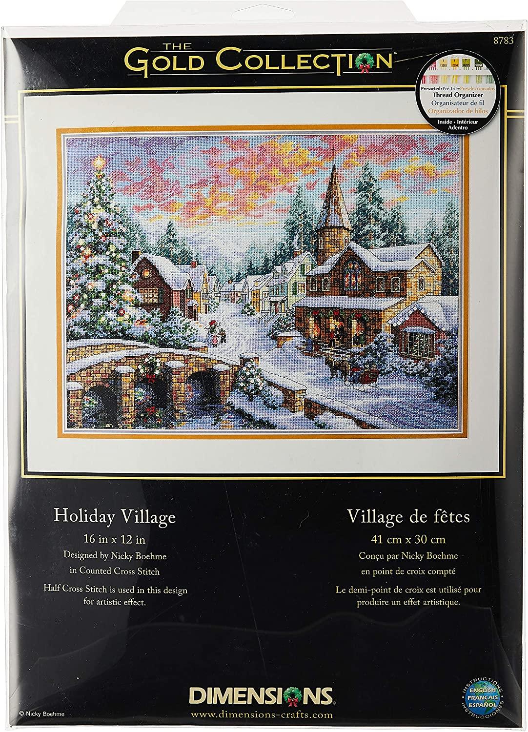HOLIDAY VILLAGE, Counted Cross Stitch Kit, 16 count dove grey Aida, DIMENSIONS, Gold Collection (08783) - Leo Hobby