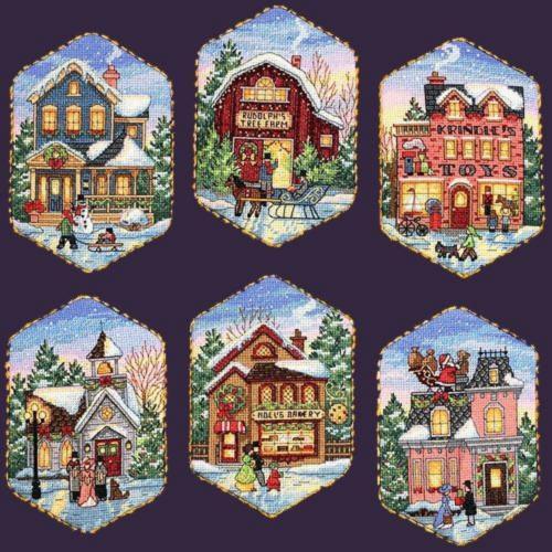 CHRISTMAS VILLAGE ORNAMENTS, Counted Cross Stitch Kit, set of 6, size 10 x 13 cm, 18 count ivory Aida, DIMENSIONS, Christmas gifts (08785)