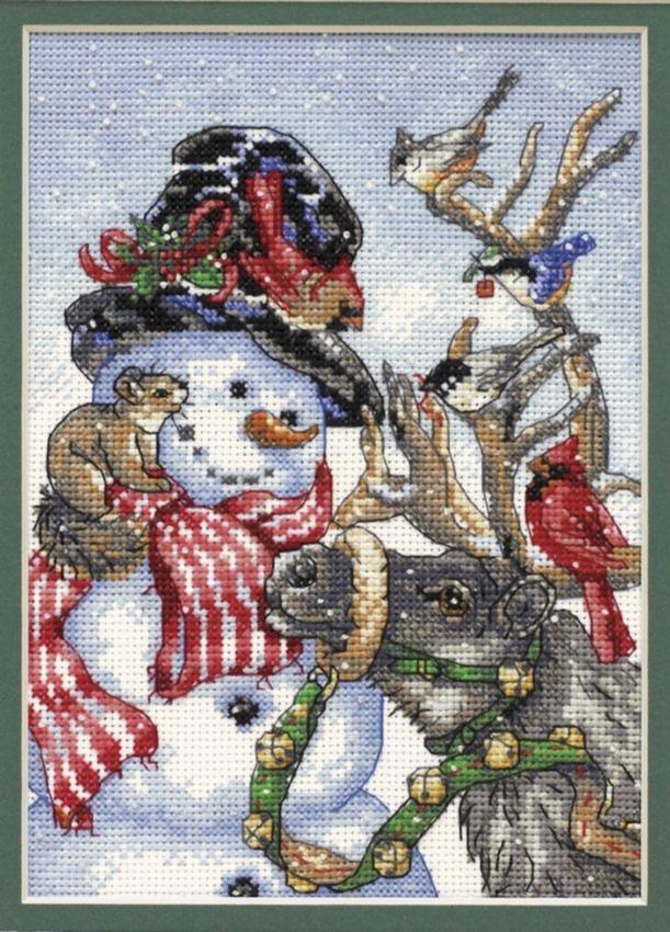 SNOWMAN & REINDEER, Counted Cross Stitch Kit, 18 count white cotton Aida, DIMENSIONS (08824)
