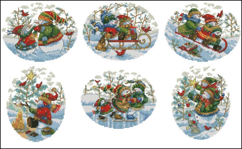 PLAYFUL SNOWMEN ORNAMENTS, Counted Cross Stitch Kit, Set of 6, 18 count ivory Aida, DIMENSIONS, Christmas gifts (08828) - Leo Hobby