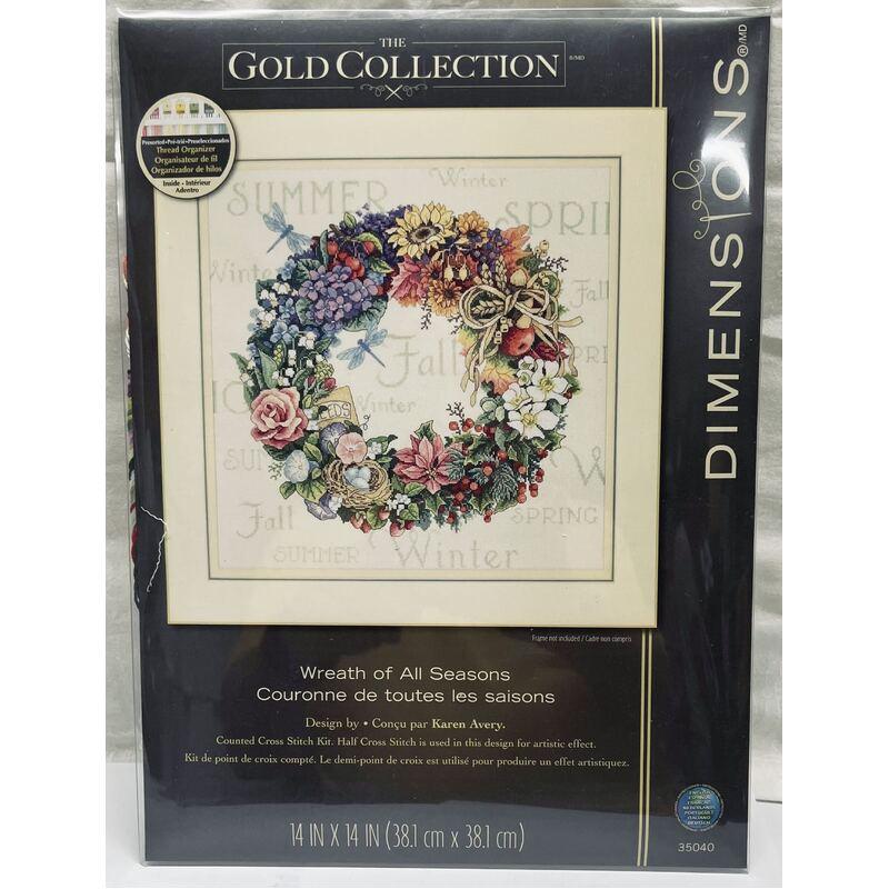 WREATH OF ALL SEASONS, Counted Cross Stitch Kit, 18 count ivory cotton Aida, DIMENSIONS, Gold Collection (35040) - Leo Hobby
