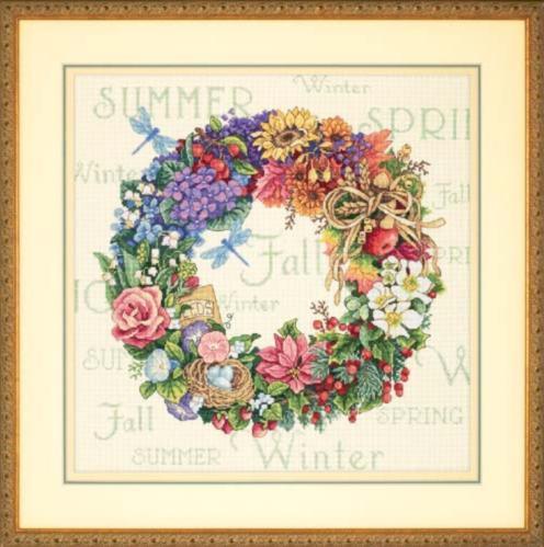 WREATH OF ALL SEASONS, Counted Cross Stitch Kit, 18 count ivory cotton Aida, DIMENSIONS, Gold Collection (35040)