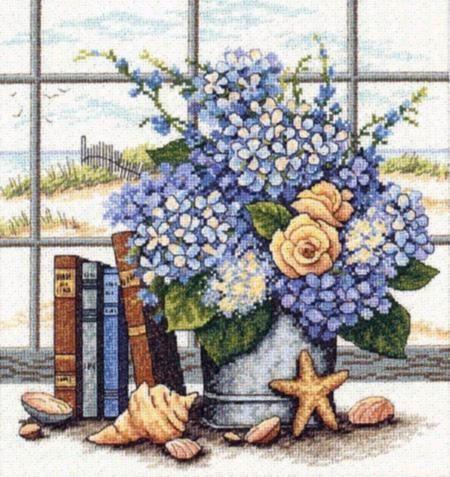 HYDRANGEAS & SHELLS, Counted Cross Stitch Kit, 14 count white Aida, DIMENSIONS (35166)