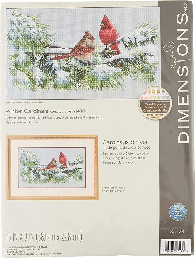 WINTER CARDINALS, Counted Cross Stitch Kit, 16 count dove grey Aida, DIMENSIONS (35178) - Leo Hobby