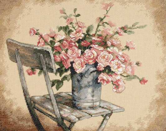 ROSES ON WHITE CHAIR, Counted Cross Stitch Kit, 14 count beige Aida, DIMENSIONS (35187)