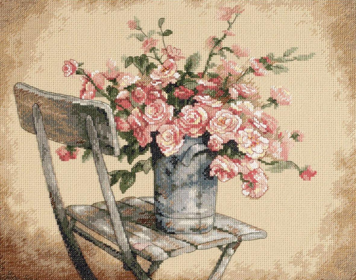 ROSES ON WHITE CHAIR, Counted Cross Stitch Kit, 14 count beige Aida, DIMENSIONS (35187) - Leo Hobby