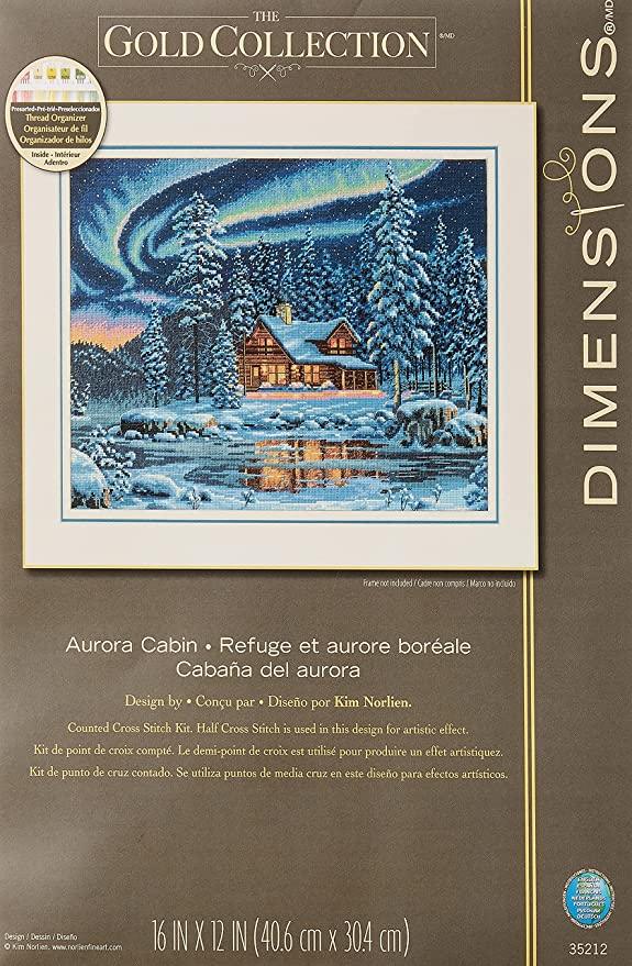 AURORA CABIN, Counted Cross Stitch Kit, 16 count dove grey cotton Aida, DIMENSIONS, Gold Collection (35212)