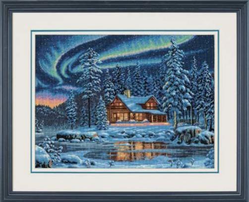 AURORA CABIN, Counted Cross Stitch Kit, 16 count dove grey cotton Aida, DIMENSIONS, Gold Collection (35212) - Leo Hobby