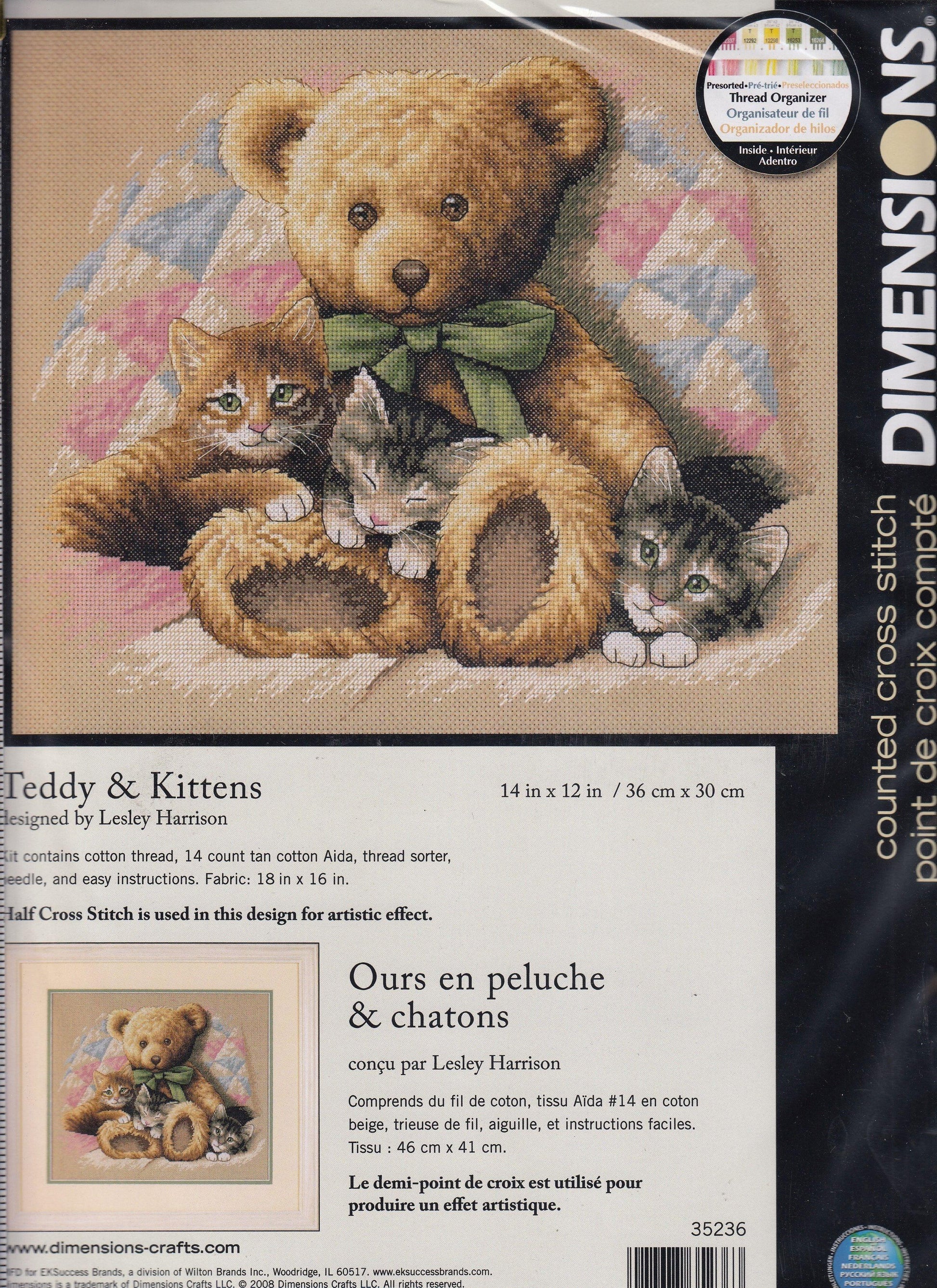 TEDDY & KITTENS, Counted Cross Stitch Kit, 14 count beige Aida, DIMENSIONS (35236) - Leo Hobby