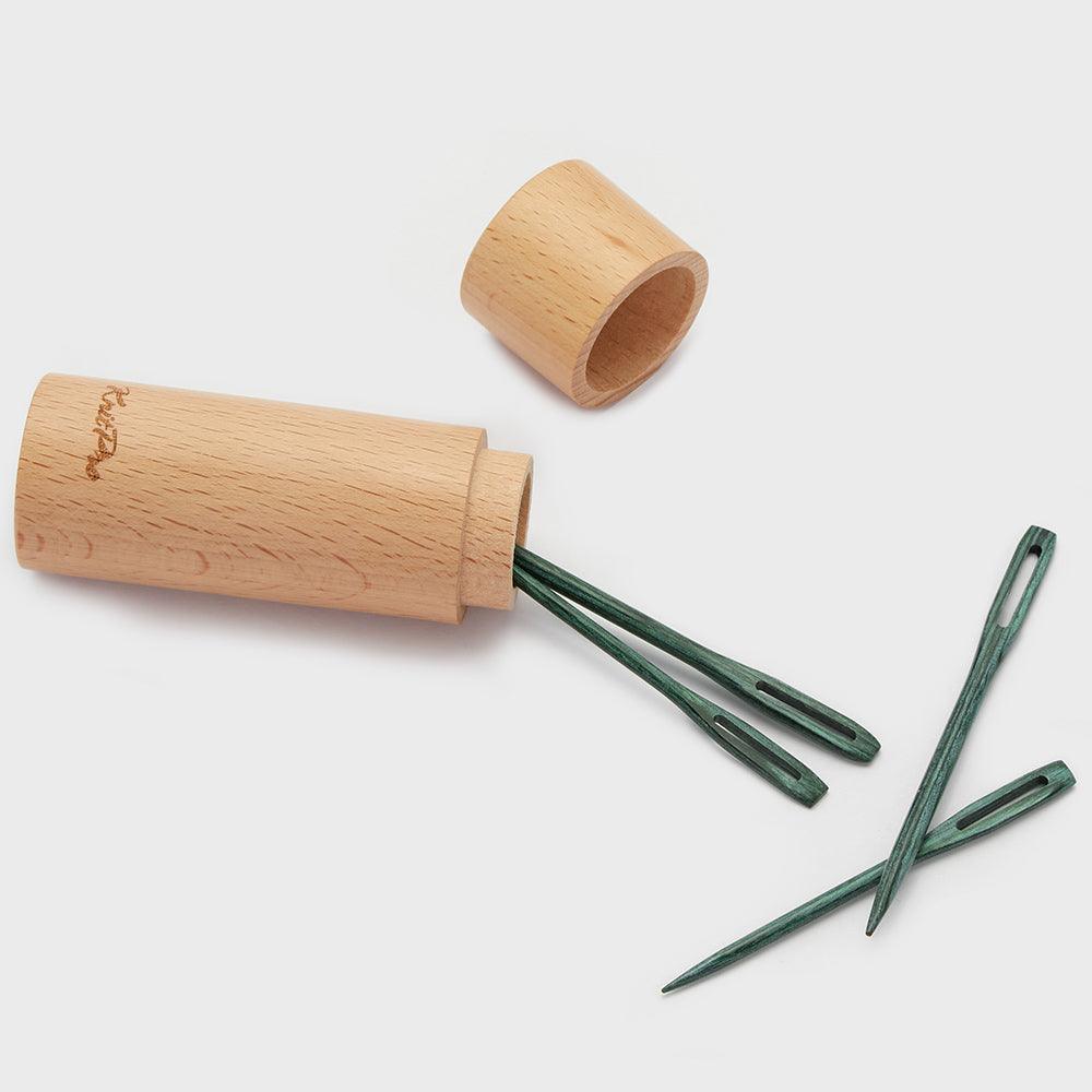KnitPro Mindful Teal Wooden Darning Needles in Beech Wood Cylindrical Container, Set of teal coloured darning needles, 2 small & 2 large needles (36635) - Leo Hobby